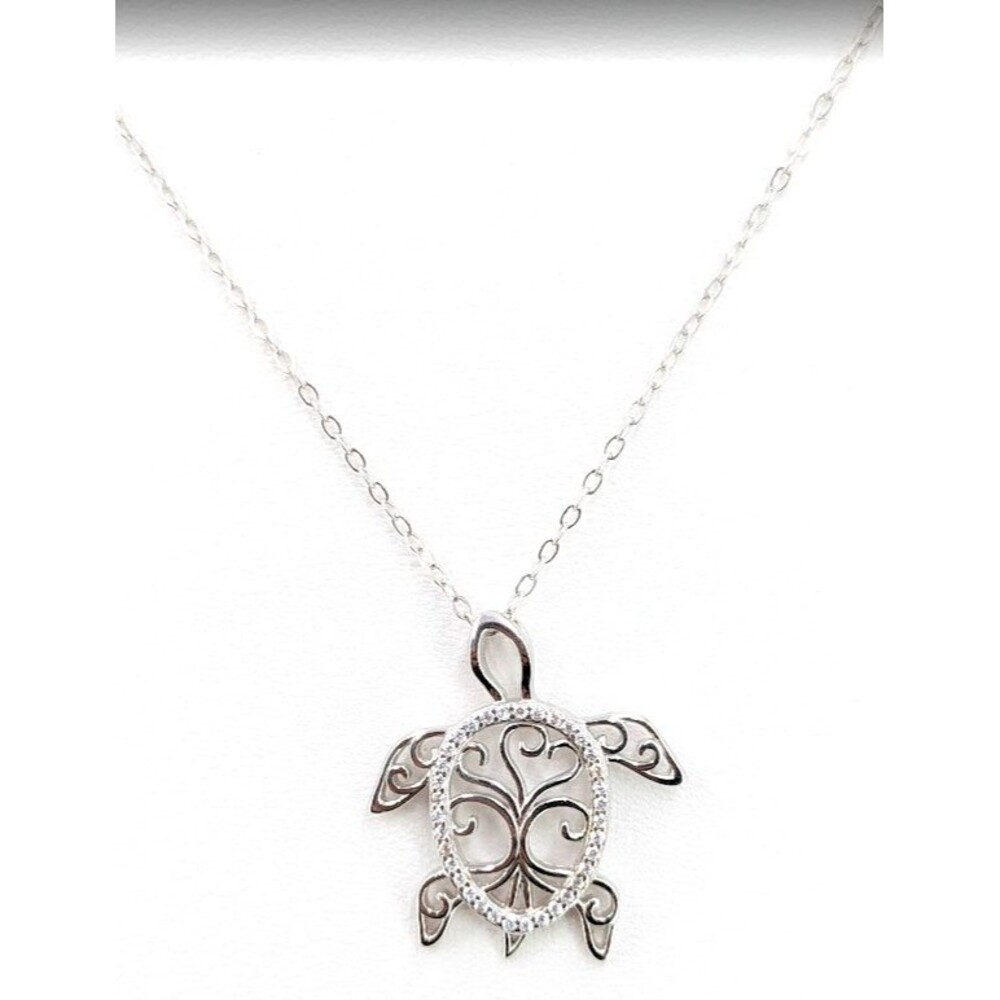 S925 Turtle Necklace Sterling Silver Clear Stone Filigree Pendant 17 Inch Gift
